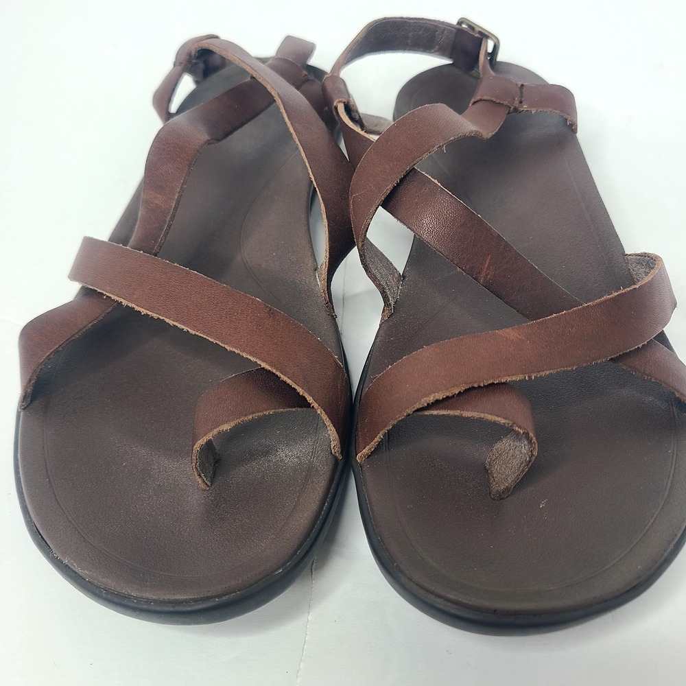 Olukai Upena Sandals Women's 9 Brown Leather Toe Loop Criss Cross Strappy - Picture 5 of 9